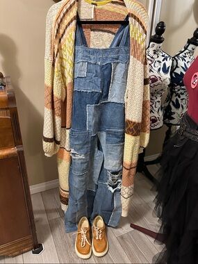 Free People.  Open-Front Patchwork knit Cardigan Sweater in Cream, Tan & Mustard